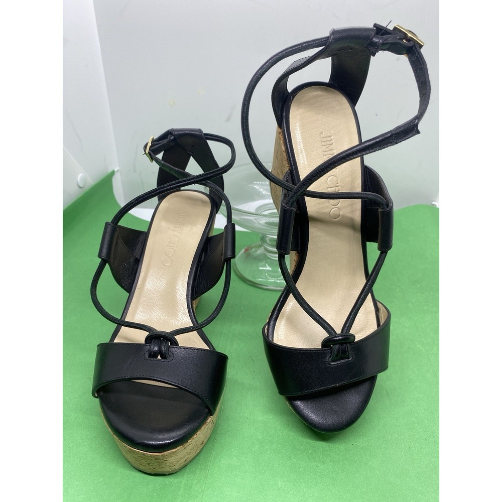 Jimmy Choo Nelson Wedge Black Leather Strappy Sandals Size 35.5 US 5.5